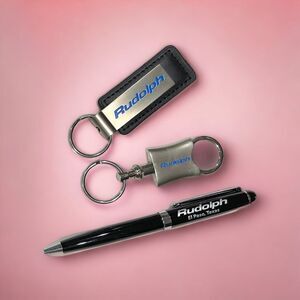 Set of Two Key Chains & Ball Point Pen with the name Rudolph Printed in them NIB